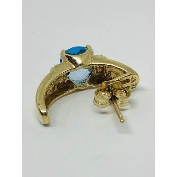 10K Yellow Gold Blue Topaz Diamond Earrings Half Hoop - Picture 5 of 7